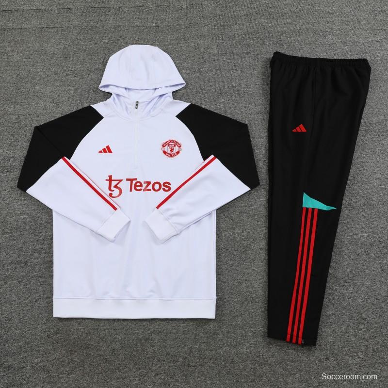 23/24 Manchester United White Hoodie Half Zipper Jacket+ Pants