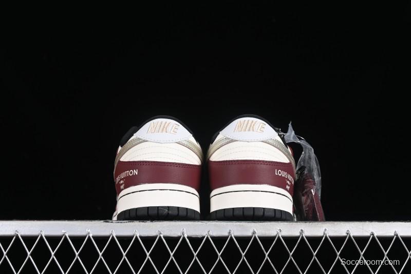 Louis Vuitton x Nike Dunk Low Customized Sneakers - Burgundy with Silver Swoosh SB Low Top Casual Skate Shoes - FC1688-188