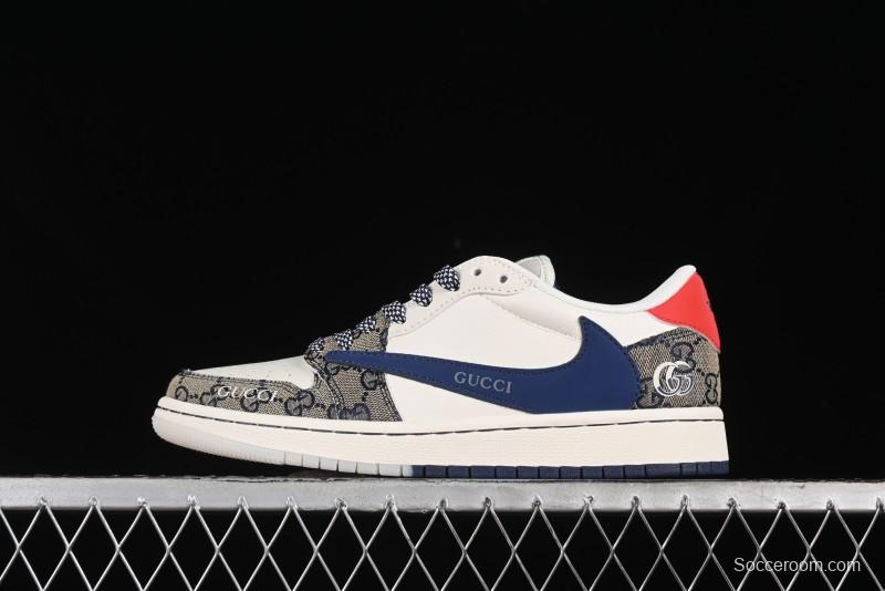 Nike Travis Scott x Fragment Design x Air Jordan 1 Low OG SP AJ1 Gucci Collaboration - Silver Logo Blue Swoosh Low Top Casual Sneakers - XY2688-118