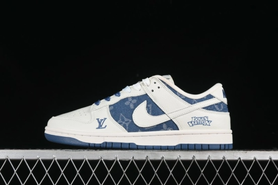Nike SB Dunk Low LV Collaboration - Beige Blue Print Anniversary High-End Custom Low-Top Casual Skate Shoes - JH8310-954