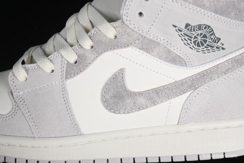 Nike Air Jordan 1 Mid AJ1 Basketball Shoes White Grey - FQ7720-002