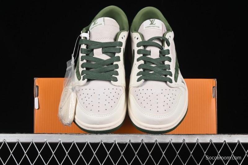 Nike Travis Scott x Fragment Design x Air Jordan 1 Low OG SP AJ1 LV Collaboration - Grey Green Pigskin Low Top Casual Sneakers - XZ1268-005