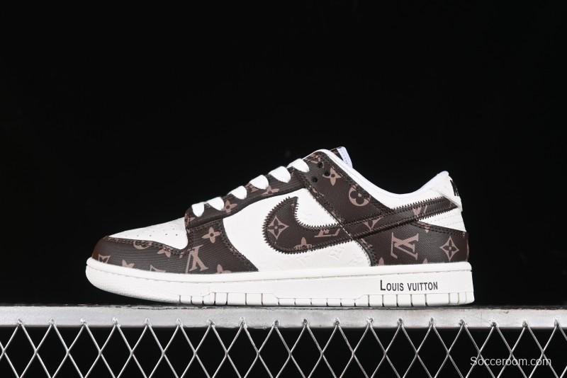 Nike SB Dunk Low LV Collaboration - Embossed White Brown Print Anniversary High-End Custom Low-Top Casual Sneakers - DQ1098-360