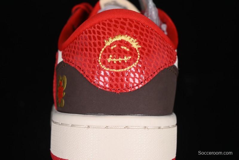 Nike Travis Scott x Fragment Design x Air Jordan 1 Low OG SP AJ1 Snake Year Limited Edition Snake Scale Red Hook Low Top Lifestyle Casual Sneakers - CH6336-020