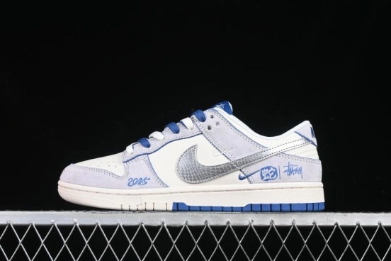 Nike SB Dunk Low Stussy Year of the Snake Collaboration Light Blue Silver Swoosh Anniversary Custom Low-Top Casual Sneakers - DM6868-010
