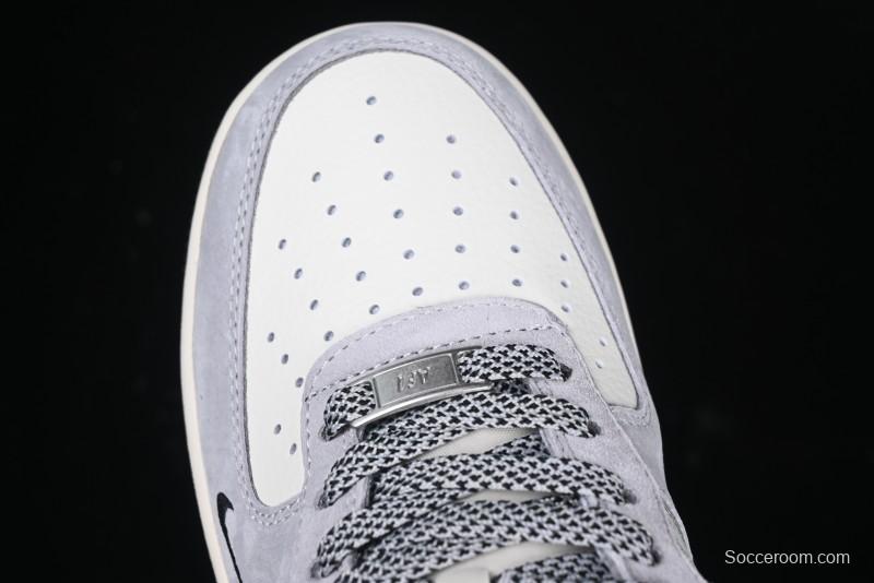 Nike Air Force 1 '07 Low Stussy Collaboration Grey Pigskin Black Swoosh Low-Top Casual Sneakers - XZ3318-099