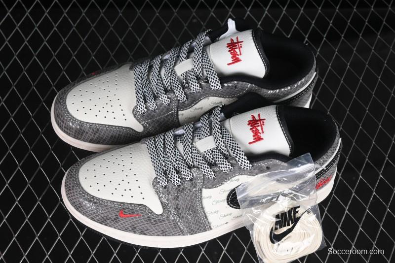Nike Air Jordan 1 Low Retro Basketball Shoes with Custom Stussy Grey Snake Design - FC1688-202