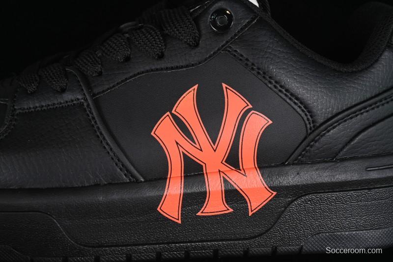 NY Yankees Black Leather Sneakers – Bold Orange Logo Edition