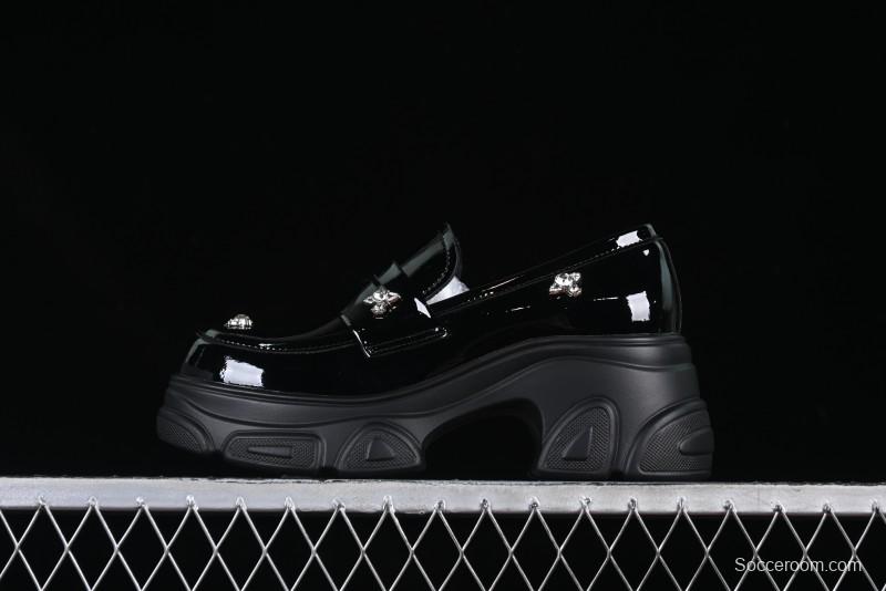 Black Patent Chunky Platform Loafers with Metal Embellishments