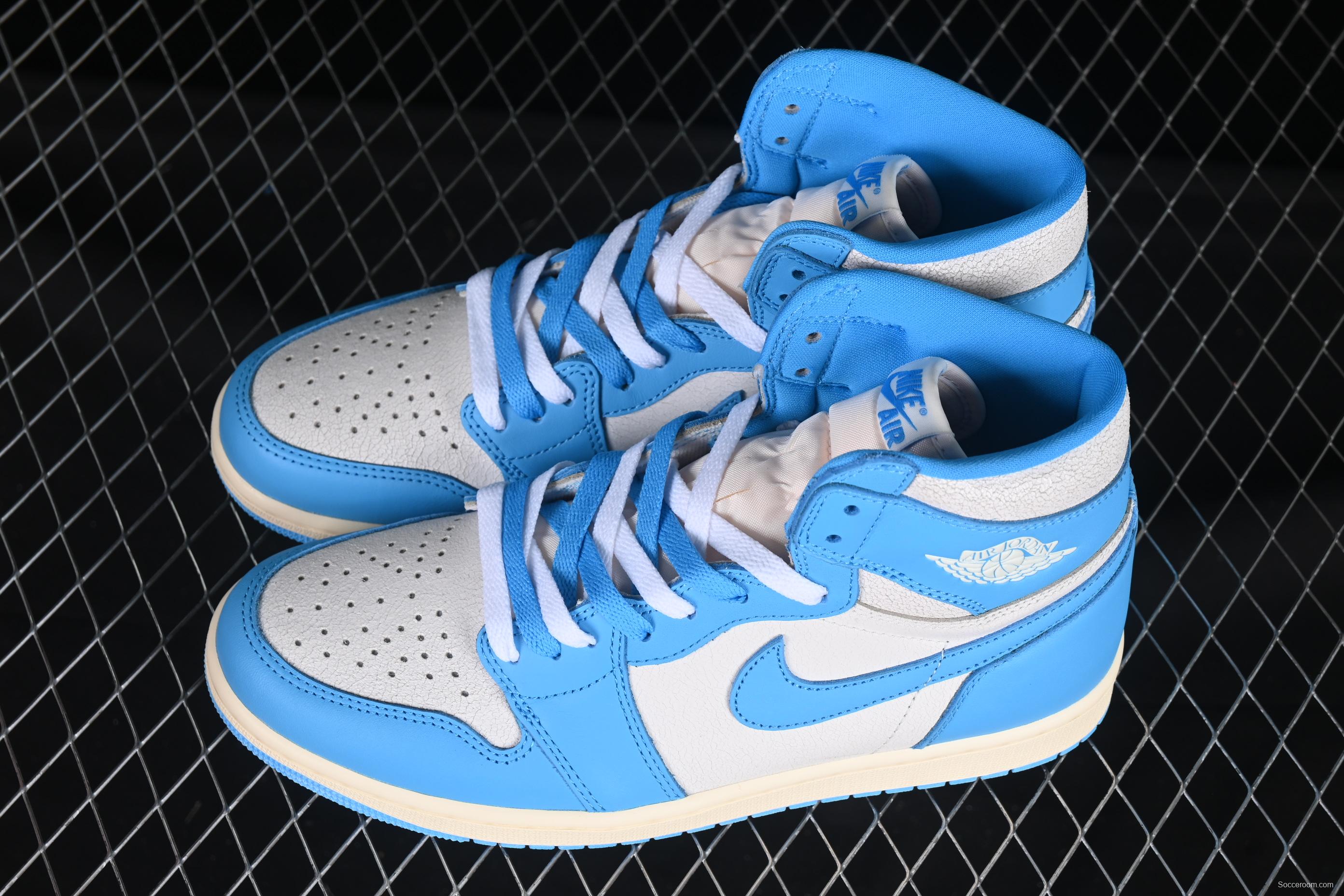 Nike Air Jordan 1 High OG "UNC Reimagined" Retro Basketball Shoes with Cracked Leather and Vintage Midsole - DZ5485-402