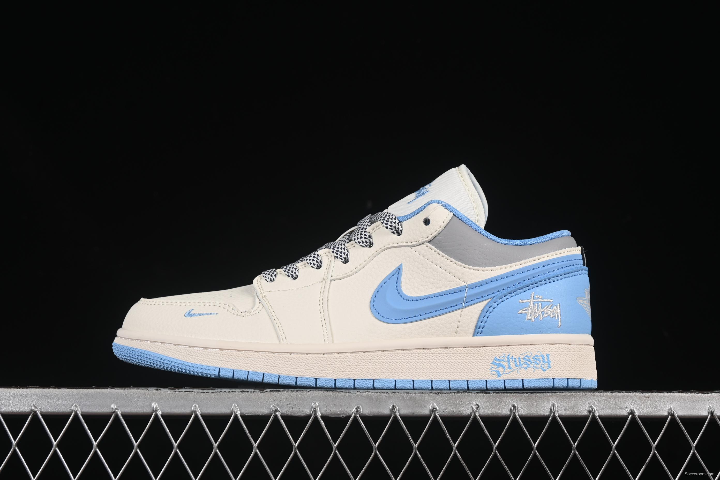 Nike Air Jordan 1 Low Stussy Collaboration White Blue 3D Swoosh High-End Custom Retro Basketball Shoes - XS6086-559