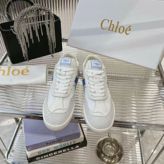 2025 Women Chloé White Blue Mesh Leather Casual Sneakers LY00280