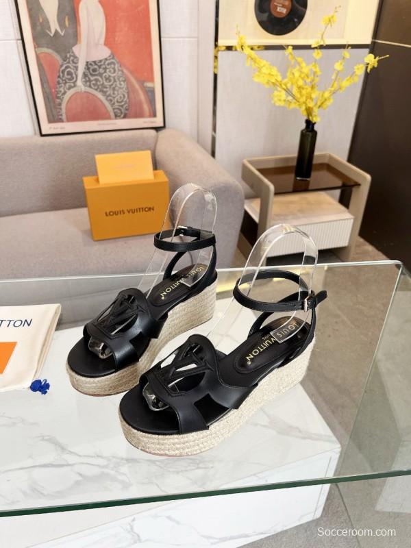 2025 Women Louis Vuitton Black Leather Espadrilles Sandals MJ00280