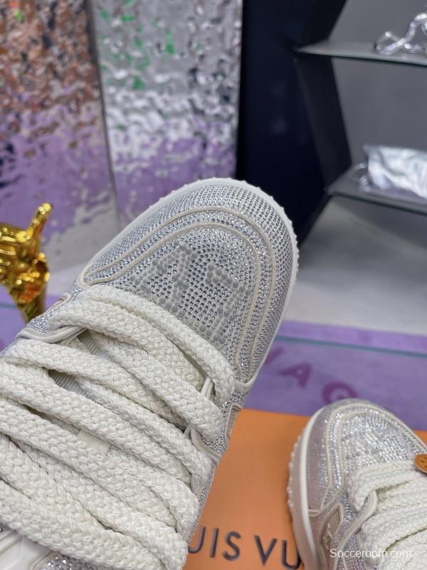 2024 Unisex Louis Vuitton White Silver Leather Trainers Crystal Embellished MJ00430