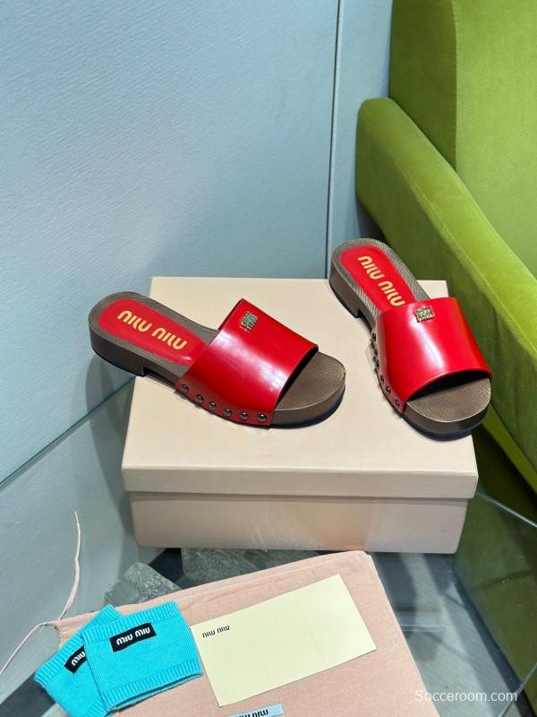 2025 Women Miu Miu Red Leather Slippers