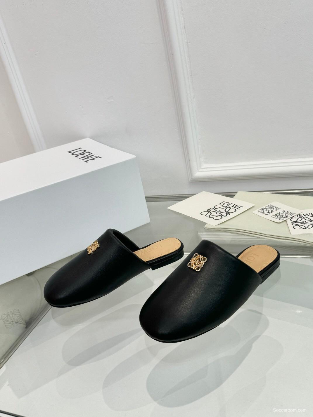 2025 Women Loewe Black Leather Slippers LY00270