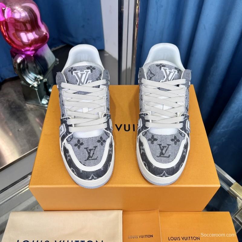 2025 Unisex Louis Vuitton Grey White Fabric Leather Sneakers