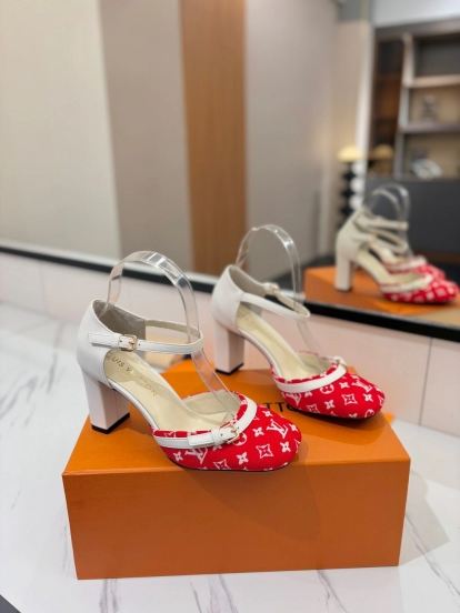 2025 Women Louis Vuitton Red White Denim Leather Heeled Sandals KFY00310