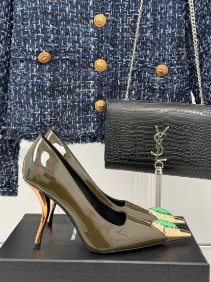 2024 Women Yves Saint Laurent Olive Green Patent Leather High Heel Gemstone MJ00330