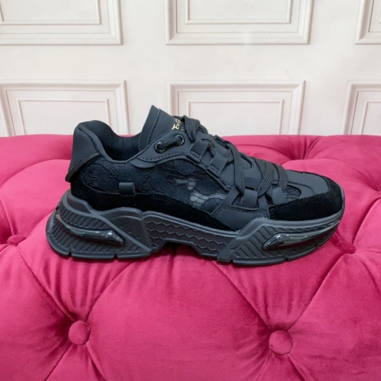 2025 Unisex Dolce & Gabbana Black Mesh Leather Sneakers LY00340