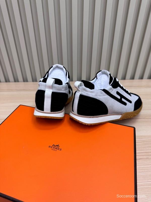 2025 Unisex Hermès Black White Suede Goat Leather Sneakers Top Version LY00310