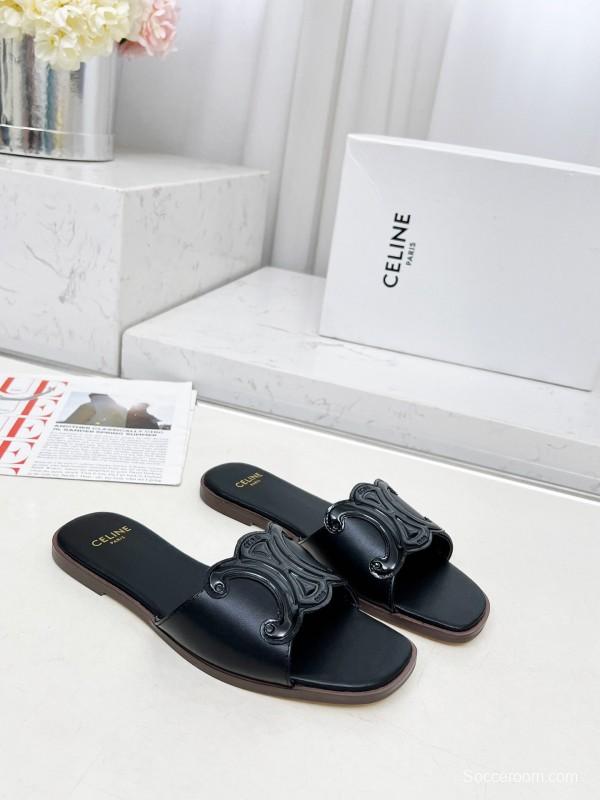 2025 Women Celine Black Leather Slippers LY00190