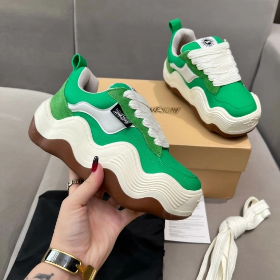 2025 Unisex HEYDAY Green White Canvas Leather Wave Sneakers KFY00260