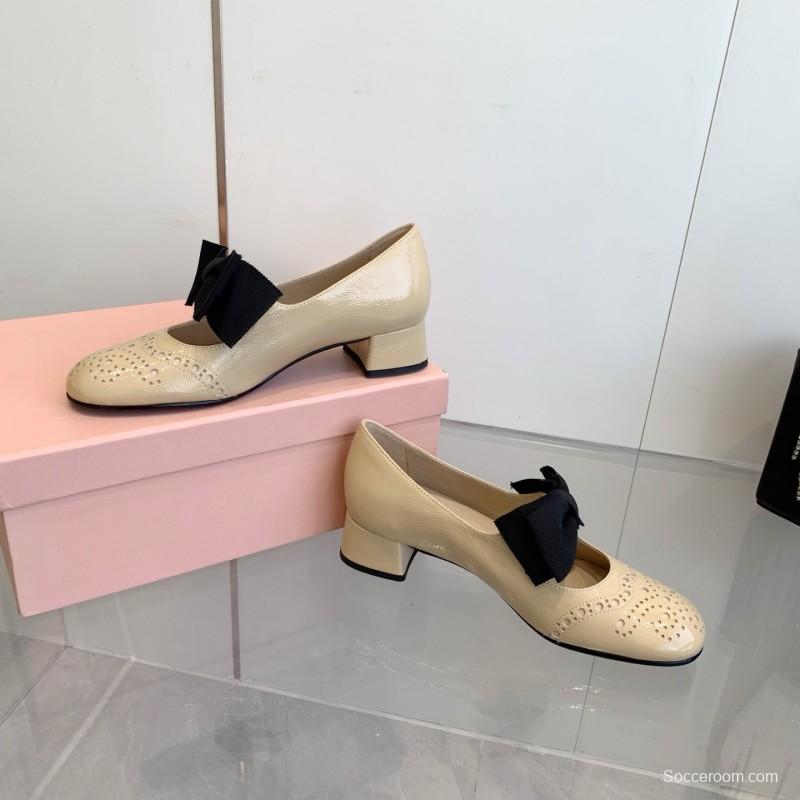 2025 Women Miu Miu Beige Black Leather Mary Jane Bow KFY00280