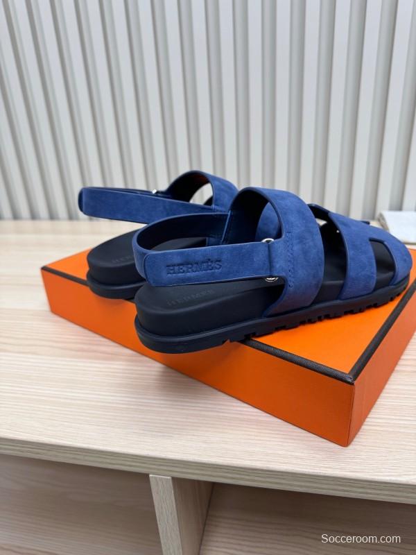 2025 Women Hermès Navy Suede Leather Sandals