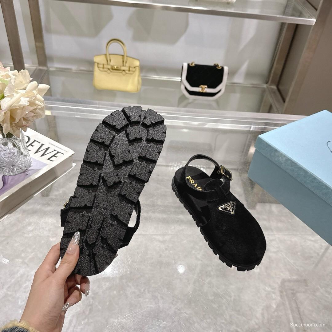 2025 Women Prada Black Suede Sandals LY00270
