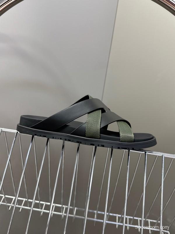 2025 Slippers Hermès Black Green Leather Fabric Slippers