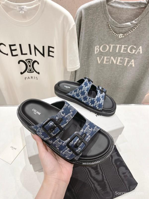 2025/Unisex CELINE Blue Denim Buckled Slide Sandals Stylish Comfort KFY00280