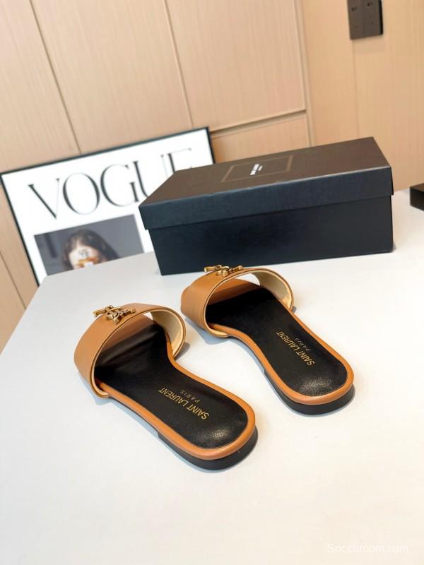 2025 Women Yves Saint Laurent Light Brown Leather Slippers LY00180