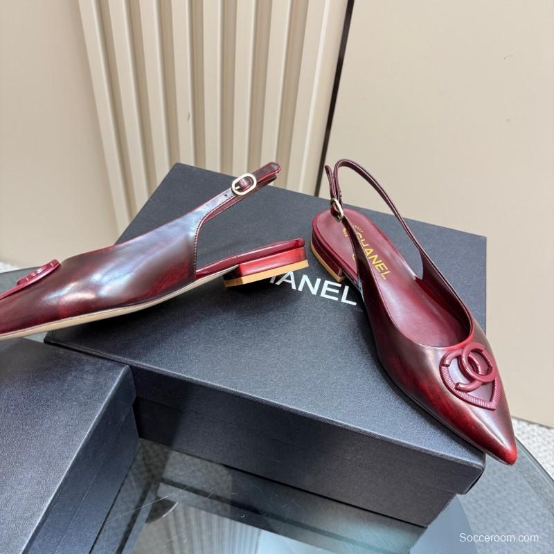 2025 Women Chanel Bordeaux Leather Slingback Sandals KFY00290