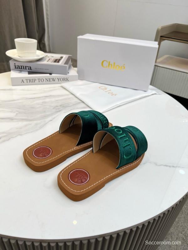 2025 Women Chloé Green Velvet Slippers