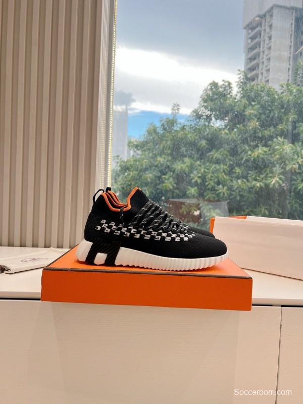 2024 Unisex Hermès Black White Orange Calfskin Suede Sneakers MJ00290