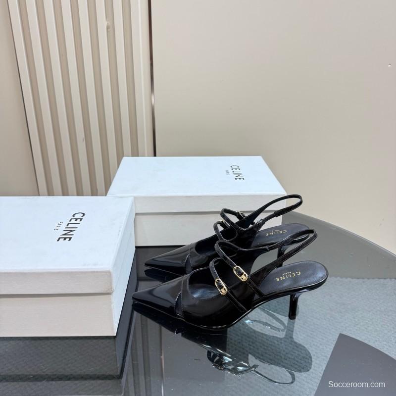 2025 Women CELINE Black Patent Leather Pointed Toe Slingback Heels