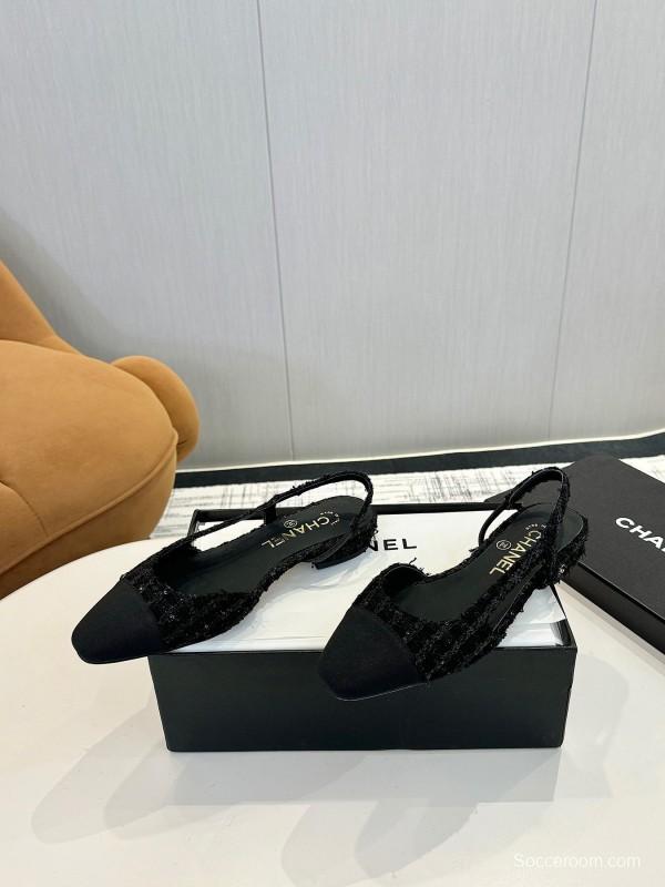 2025 Women Chanel Black Leather Tweed Ballet Flats LY00240