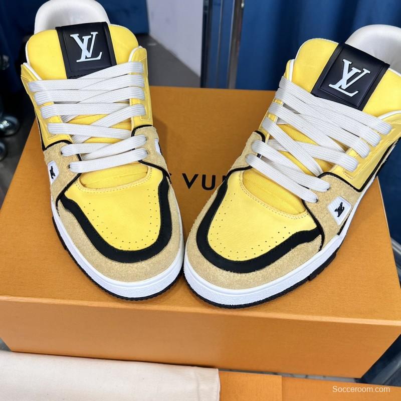 2025 Men Louis Vuitton Yellow Black Leather Suede Sneakers