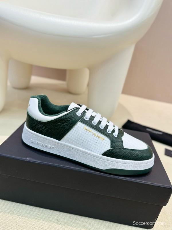 2024 Unisex Yves Saint Laurent White Dark Green Leather Silk Cowhide SL61 Casual Shoes Perforation MJ00350