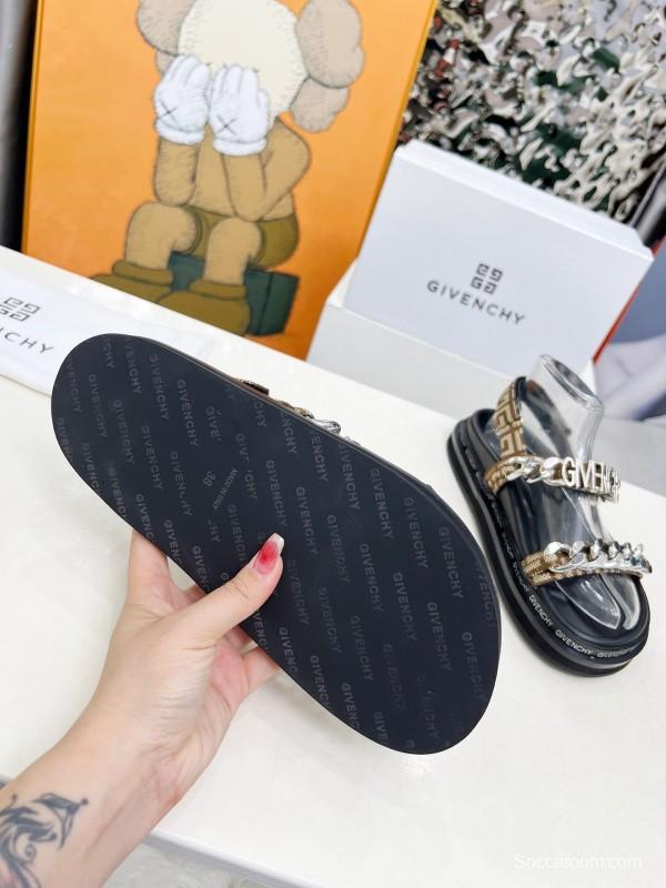 2025 Women GIVENCHY Brown Black Leather Chain Sandals LY00260