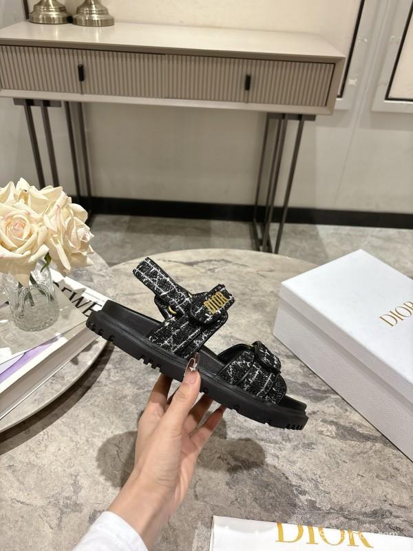 2025 Women Dior Black Fabric Leather Sandals KFY00300