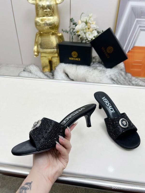 2025 Women VERSACE Black Silk Rhinestone Square Toe Sandals MJ00230