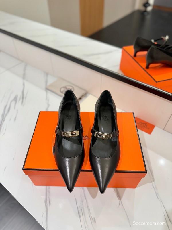 2025 Women Hermès Black Calfskin Leather Mary Jane 4cm Heel KFY00330