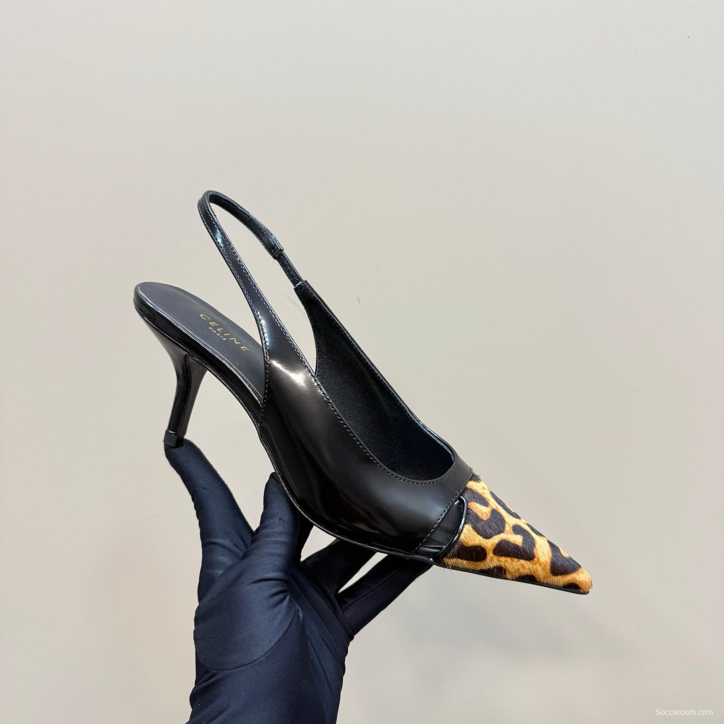 2025 Women CELINE Black Leopard Print Patent Leather Slingback Pumps