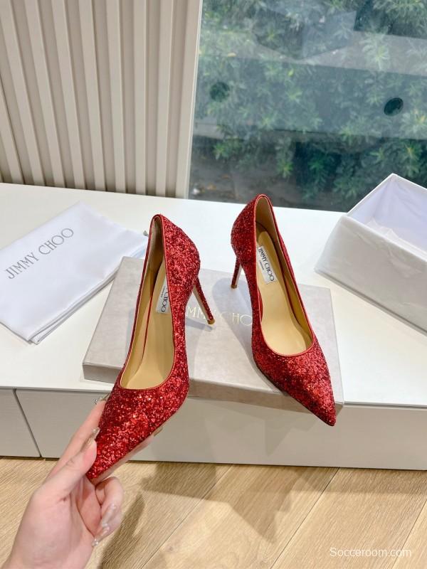 2025 Women Jimmy Choo Red Glitter Leather Pumps