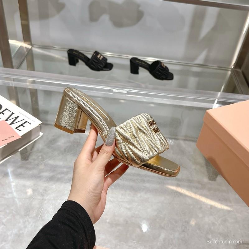 2025 Women Miumiu Gold Leather Sandals