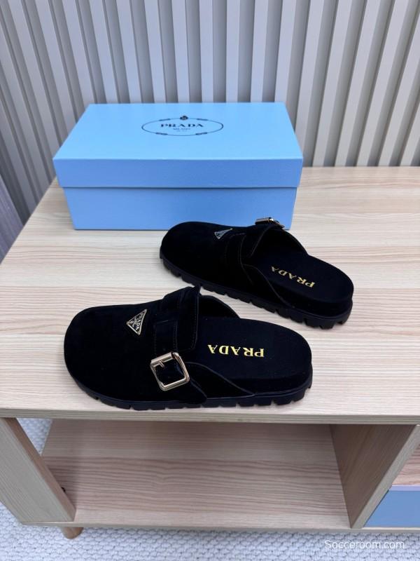 2025 Slippers Prada Black Suede Slippers LY00280