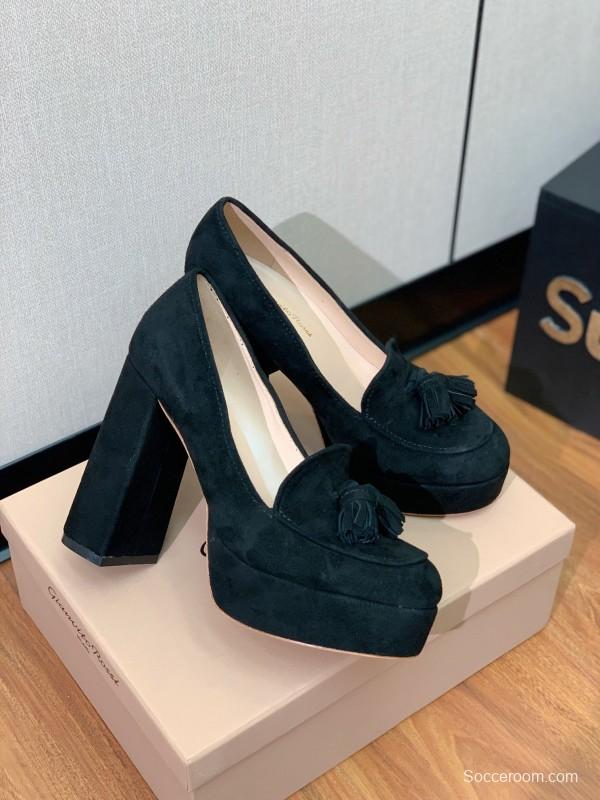 2025 Women Gianvito Rossi Black Suede Platform Tassel Loafer KFY00330