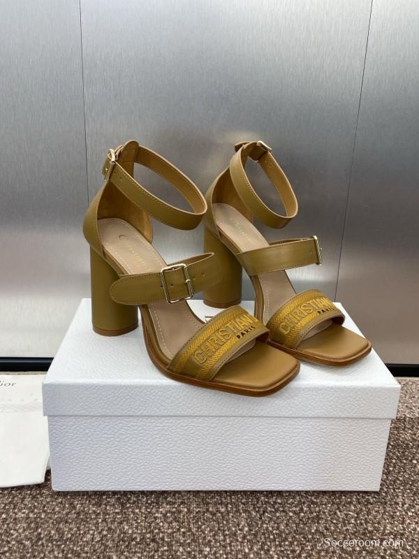 2025 Women Dior Yellow Leather Embroidered High Heel Sandals